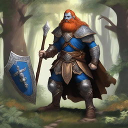 A majestic blue-skinned Firbolg man with amber hair, dressed as a paladin, standing tall in a lush forest