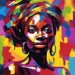 Create an 8k resolution oil painting in impasto pop art style featuring a beautiful dark-skinned African woman