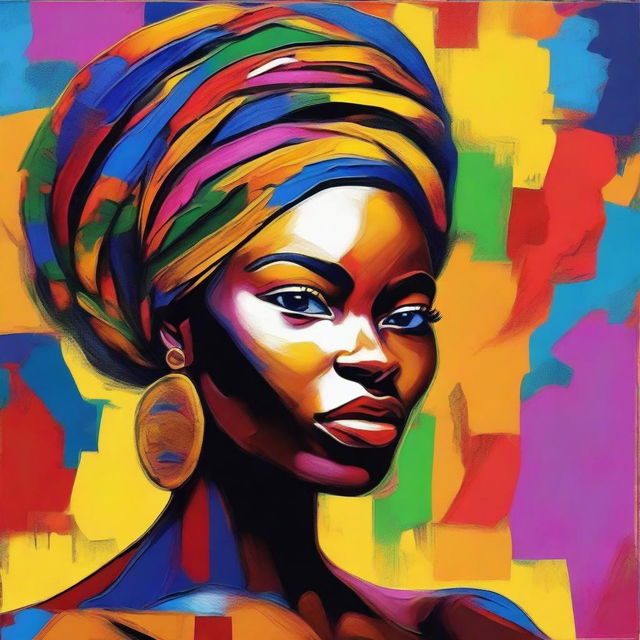 Create an 8k resolution oil painting in impasto pop art style featuring a beautiful dark-skinned African woman