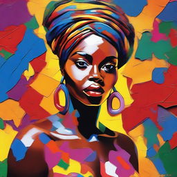 Create an 8k resolution oil painting in impasto pop art style featuring a beautiful dark-skinned African woman