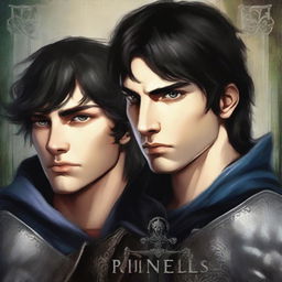 A fantasy book cover featuring the faces of two young medieval lords, each showing only one half of their face, meeting in the middle