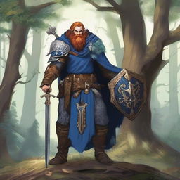 A majestic blue-skinned Firbolg man with amber hair, dressed as a paladin, standing tall in a lush forest