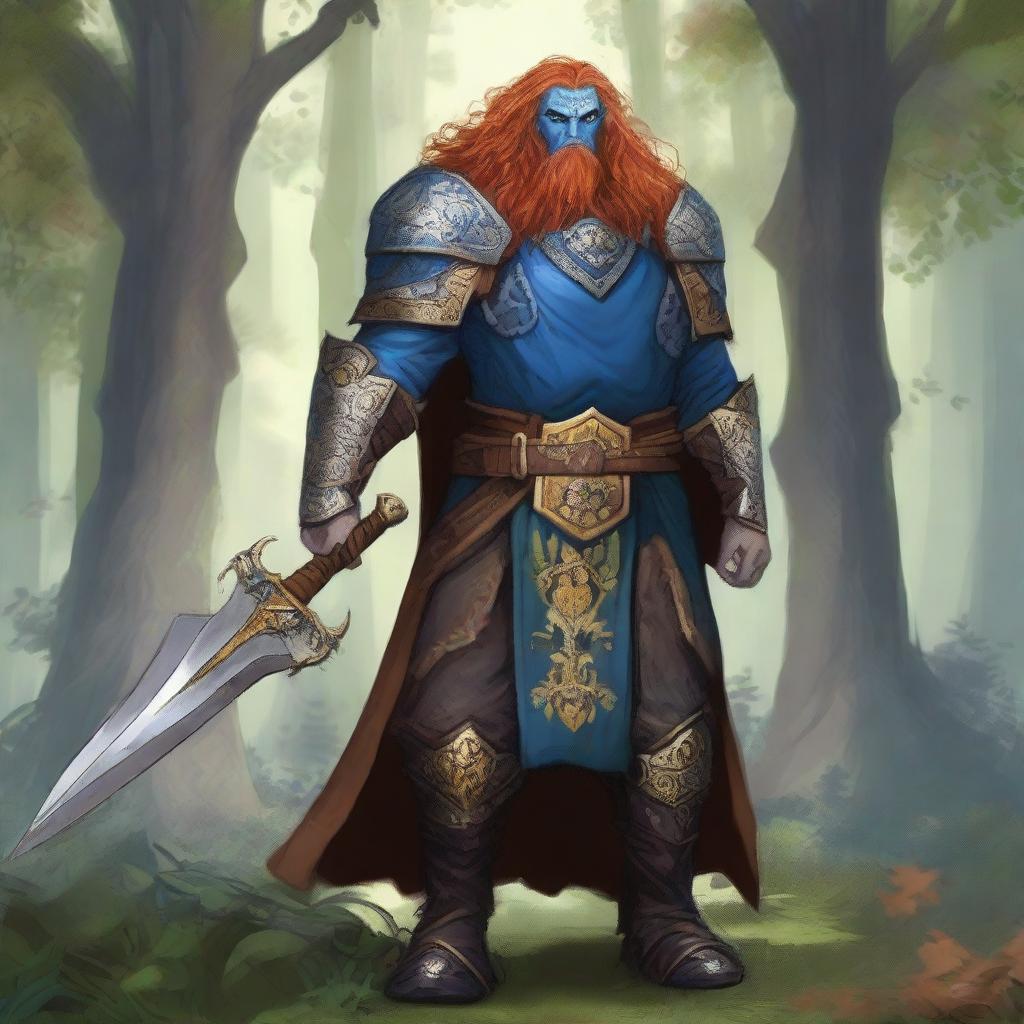 A majestic blue-skinned Firbolg man with amber hair, dressed as a paladin, standing tall in a lush forest