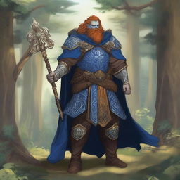 A majestic blue-skinned Firbolg man with amber hair, dressed as a paladin, standing tall in a lush forest