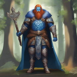 A majestic blue-skinned Firbolg man with amber hair, dressed as a paladin, standing tall in a lush forest