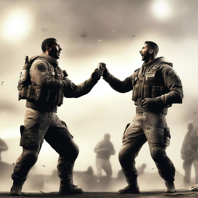 Two male characters from Call of Duty celebrating a victory, each holding a cup in one hand