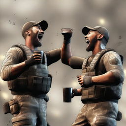 Two male characters from Call of Duty celebrating a victory, each holding a cup in one hand