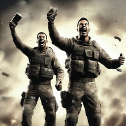 Two male characters from Call of Duty celebrating a victory, each holding a cup in one hand