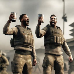 Two male characters from Call of Duty celebrating a victory, each holding a cup in one hand