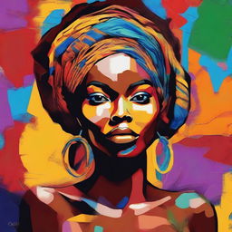 Create an 8k resolution oil painting in impasto pop art style featuring a beautiful dark-skinned African woman