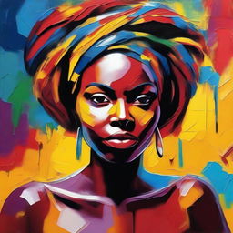 Create an 8k resolution oil painting in impasto pop art style featuring a beautiful dark-skinned African woman