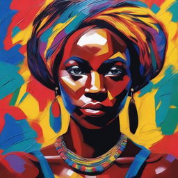 Create an 8k resolution oil painting in impasto pop art style featuring a beautiful dark-skinned African woman