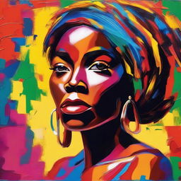 Create an 8k resolution oil painting in impasto pop art style featuring a beautiful dark-skinned African woman