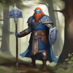 A majestic blue-skinned Firbolg man with amber hair, dressed as a paladin, standing tall in a lush forest