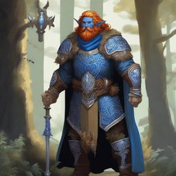 A majestic blue-skinned Firbolg man with amber hair, dressed as a paladin, standing tall in a lush forest