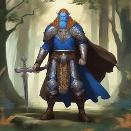 A majestic blue-skinned Firbolg man with amber hair, dressed as a paladin, standing tall in a lush forest