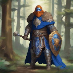 A majestic blue-skinned Firbolg man with amber hair, dressed as a paladin, standing tall in a lush forest