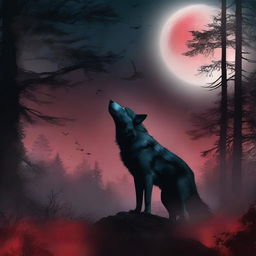 A captivating fantasy book cover featuring a wolf in a dark night forest, howling at the bloodred full moon