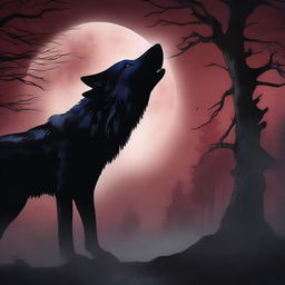 A captivating fantasy book cover featuring a wolf in a dark night forest, howling at the bloodred full moon