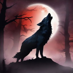 A captivating fantasy book cover featuring a wolf in a dark night forest, howling at the bloodred full moon