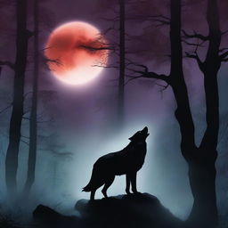 A captivating fantasy book cover featuring a wolf in a dark night forest, howling at the bloodred full moon