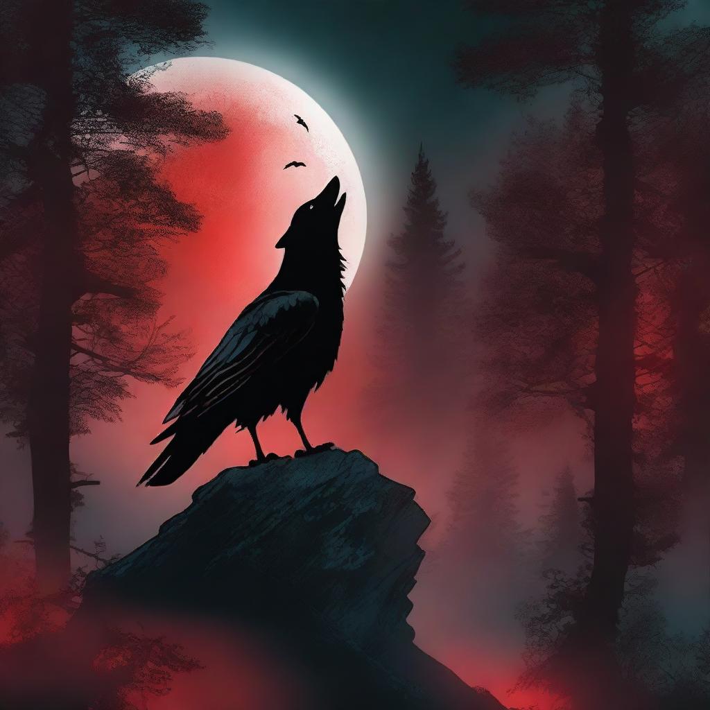 A fantasy book cover featuring a dark forest under a blood red full moon