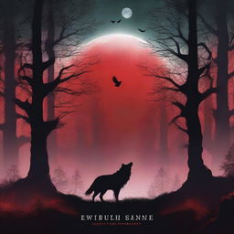 A fantasy book cover featuring a dark forest under a blood red full moon