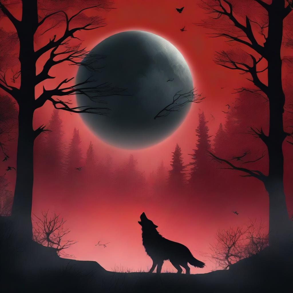 A fantasy book cover featuring a dark forest under a blood red full moon