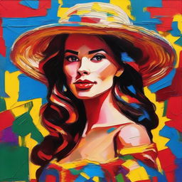 Create an 8k resolution oil painting in impasto pop art style featuring a beautiful Spanish woman