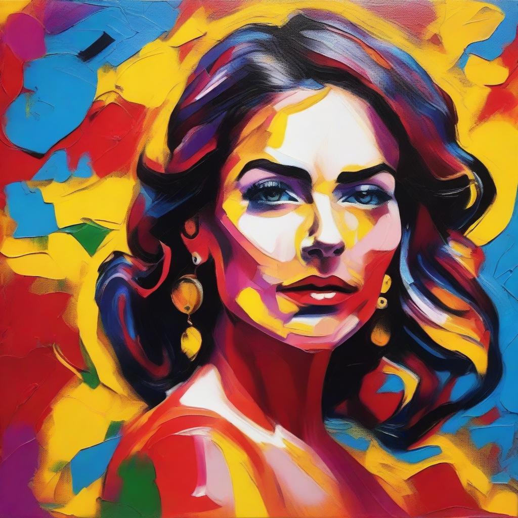 Create an 8k resolution oil painting in impasto pop art style featuring a beautiful Spanish woman