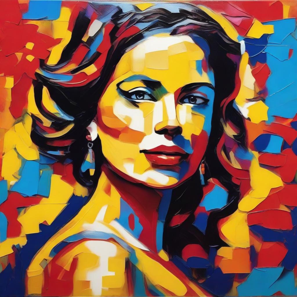 Create an 8k resolution oil painting in impasto pop art style featuring a beautiful Spanish woman