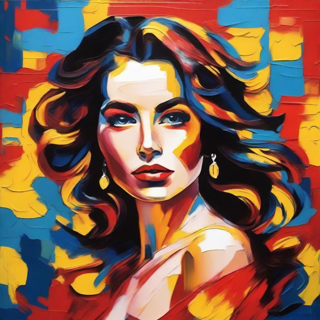 Create an 8k resolution oil painting in impasto pop art style featuring a beautiful Spanish woman