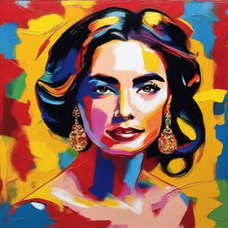 Create an 8k resolution oil painting in impasto pop art style featuring a beautiful Spanish woman