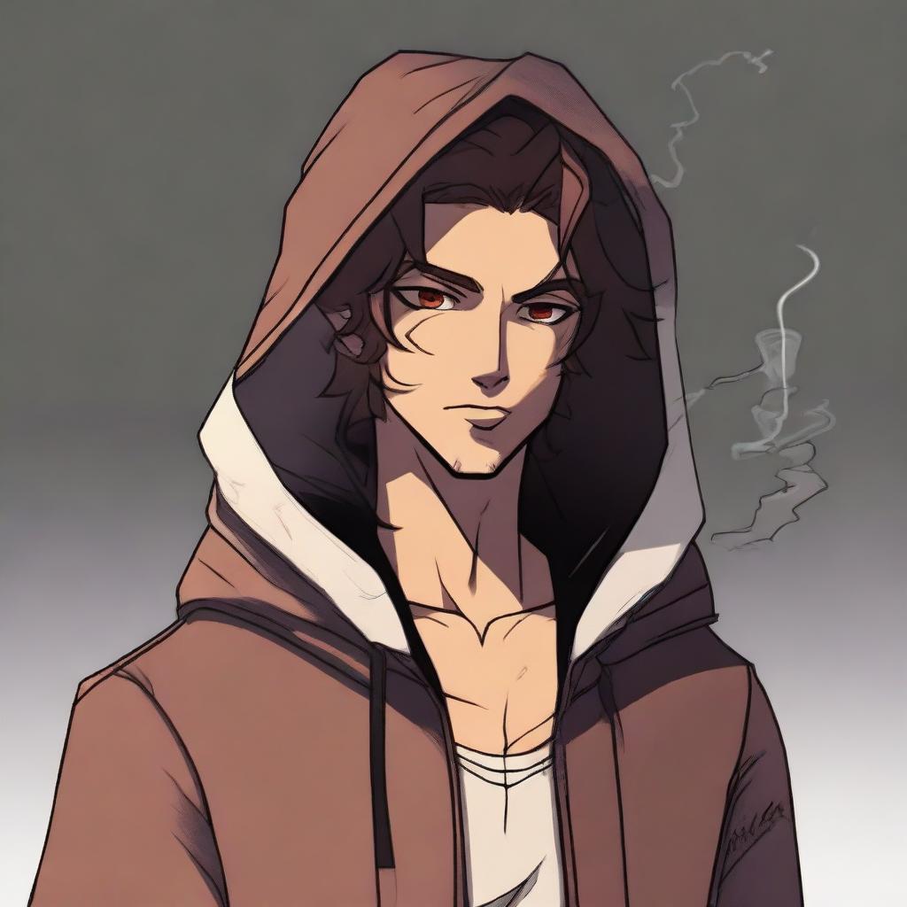 A male character with tan skin and freckles, featuring shaggy shoulder-length dark brown hair and red eyes