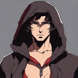 A male character with tan skin and freckles, featuring shaggy shoulder-length dark brown hair and red eyes