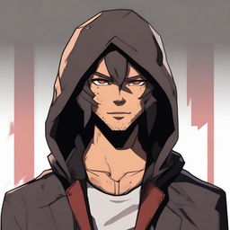 A male character with tan skin and freckles, featuring shaggy shoulder-length dark brown hair and red eyes