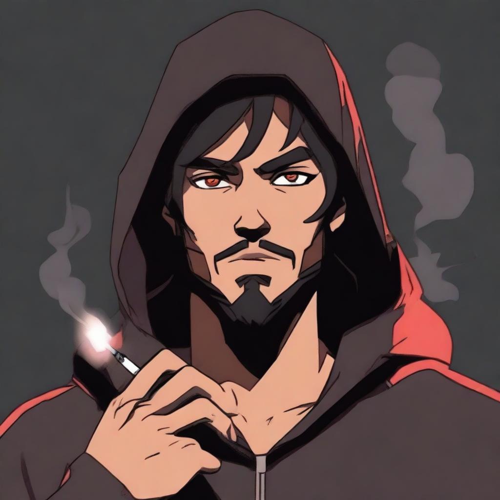 A male character with tan skin and freckles, featuring shaggy shoulder-length dark brown hair, red eyes, and slight facial hair on his chin