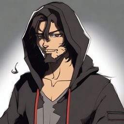 A male character with tan skin and freckles, featuring shaggy shoulder-length dark brown hair, red eyes, and slight facial hair on his chin