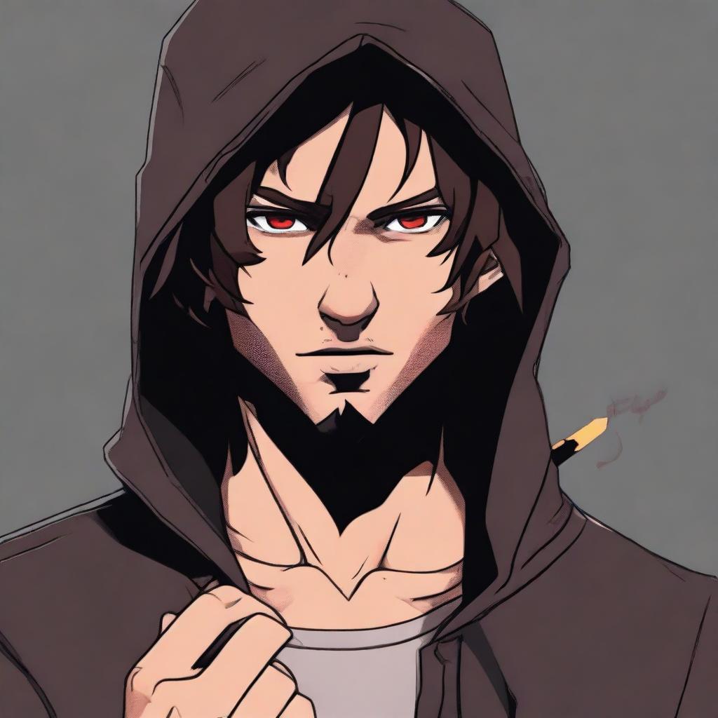 A male character with tan skin and freckles, featuring shaggy shoulder-length dark brown hair, red eyes, and slight facial hair on his chin