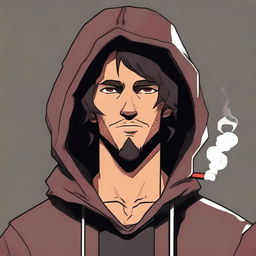 A male character with tan skin and freckles, featuring shaggy shoulder-length dark brown hair, red eyes, and slight facial hair on his chin