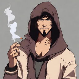 A male character with tan skin and freckles, shaggy shoulder-length dark brown hair, and red eyes