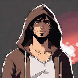 A male character with tan skin and freckles, shaggy shoulder-length dark brown hair, and red eyes