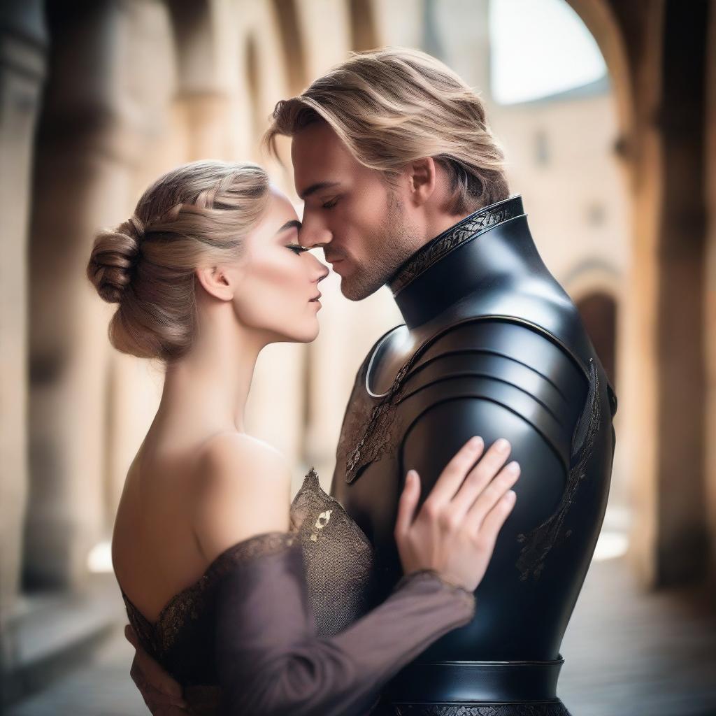 A blonde, handsome knight in black armor, gently kissing a beautiful noble lady with brown hair tied in a bun