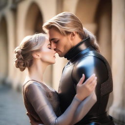 A blonde, handsome knight in black armor, gently kissing a beautiful noble lady with brown hair tied in a bun