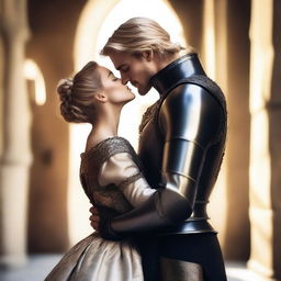 A blonde, handsome knight in black armor, gently kissing a beautiful noble lady with brown hair tied in a bun