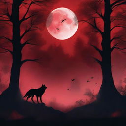 A fantasy book cover featuring a dark forest under a blood red full moon