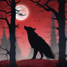 A fantasy book cover featuring a dark forest under a blood red full moon