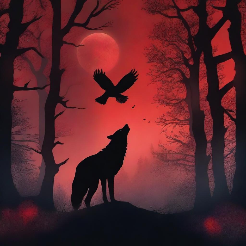 A fantasy book cover featuring a dark forest under a blood red full moon