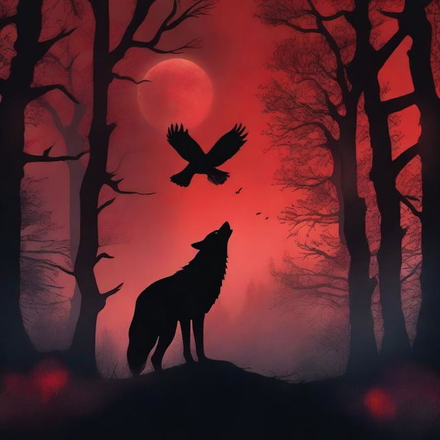 A fantasy book cover featuring a dark forest under a blood red full moon