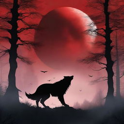 A fantasy book cover featuring a dark forest under a blood red full moon